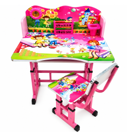 Set Birou și Scăunel Ergonomic Copii, Reglabil pe Înălțime, Material Lemn cu Structură Metalică, Design Colorat, Roz – B6