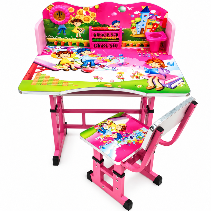 Set Birou și Scăunel Ergonomic Copii, Reglabil pe Înălțime, Material Lemn cu Structură Metalică, Design Colorat, Roz – B6