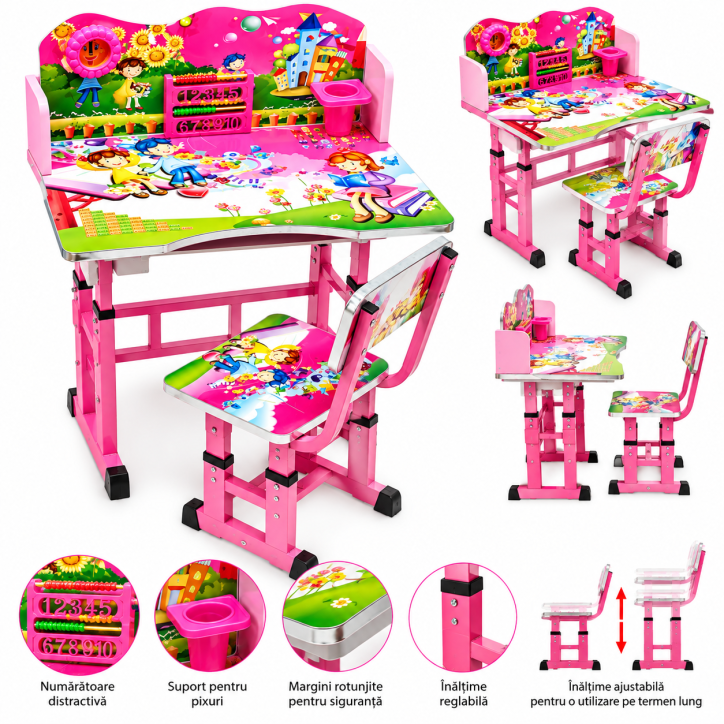 Set Birou și Scăunel Ergonomic Copii, Reglabil pe Înălțime, Material Lemn cu Structură Metalică, Design Colorat, Roz – B6