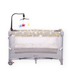 Patut Copii Cu Baldachin, Carusel Muzical Si Saltea De Infasat, Doua Nivele, Gri - 11T