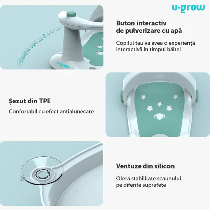 Scaun De Baie Pentru Bebelusi U-Grow, 3+ Luni, Buton Interactiv De Pulverizare Apa, Verde - 0097G