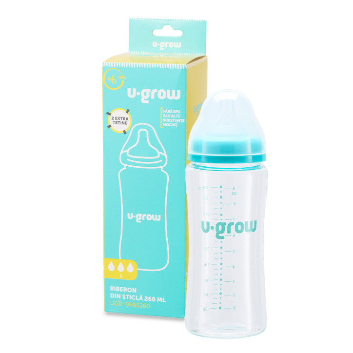 Biberon Din Sticla, 2 Tetine Extra, Flux Rapid, 260 ml, 6 luni+ - BS260
