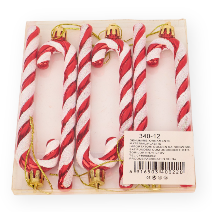 Set 6 Decoratiuni Pentru Craciun, Bastoane De Zahar, Inaltime 13 CM, Rosu - TAC13