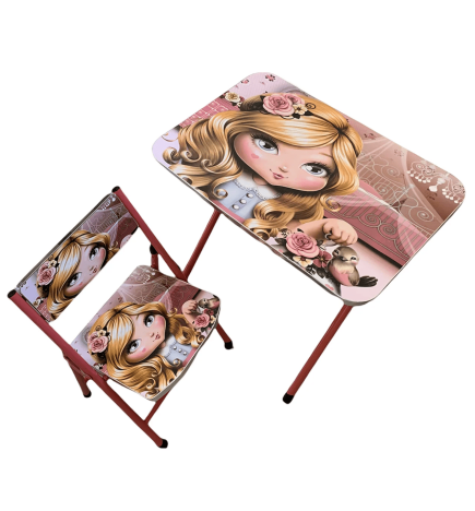 Masuta Pliabila Cu Scaunel Pentru Copii, 60X40X56 cm, Model Printese, Suprafata Lucioasa, Roz - A011 | BabyRoll.ro